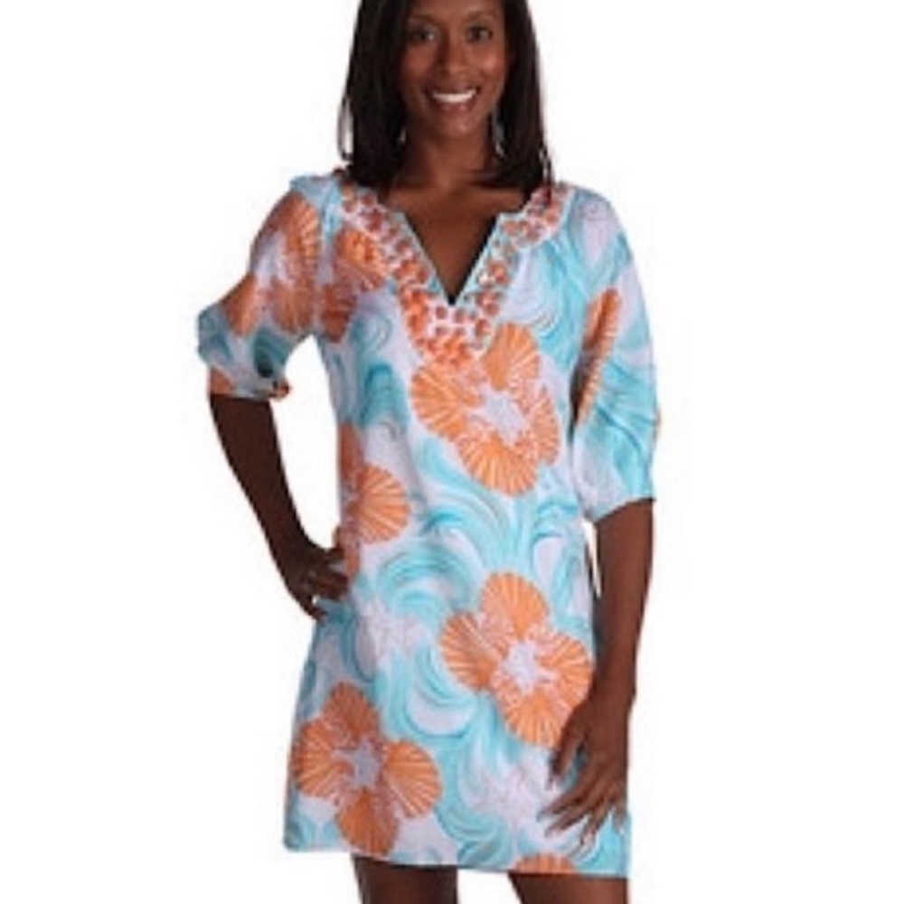 Lily Pulitzer tunic silk dress in turquoise & orange. Excellent condition!